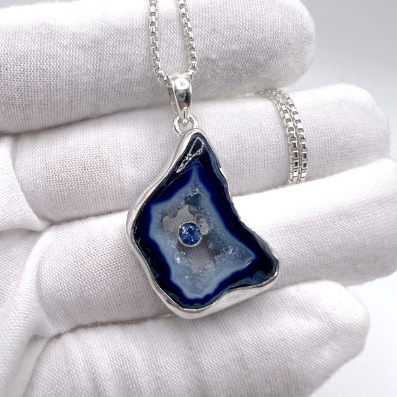 Genuine Blue Agate .925 Sterling Silver Necklace - Picture 13 of 16
